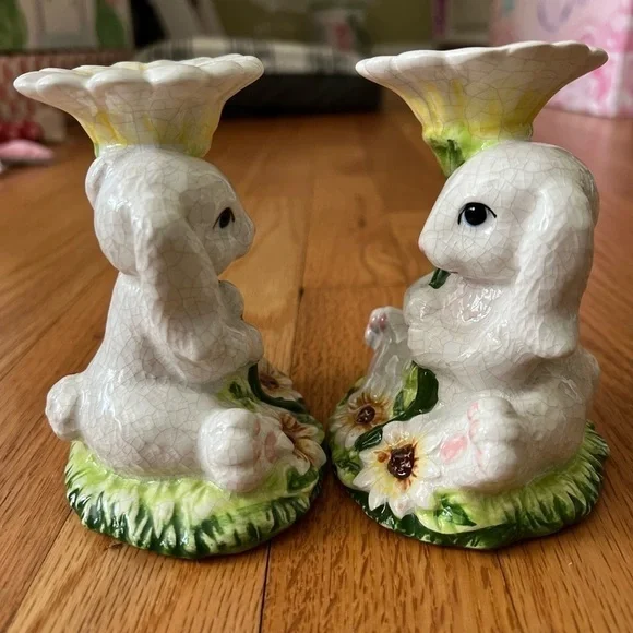 Hand painted Spring White Bunny Ceramic Candle holder Easter Bunny Crackle Paint - Picture 8 of 11